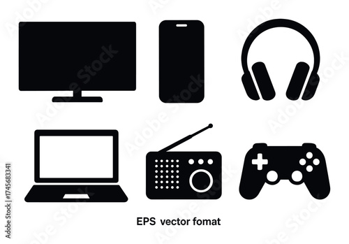 Silhouettes of electronic devices: monitor, smartphone, headphones, laptop, radio, game controller