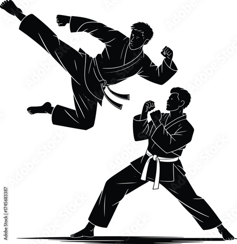 Martial arts sparring partners showing off kicking techniques and defensive stances illustration