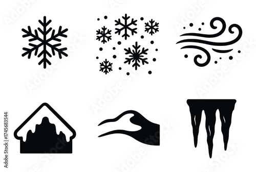 Winter icons: snowflake, snowfall, wind, snowy roof, snowdrift, icicles