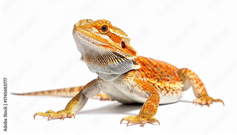 Naklejka premium Bearded Dragon basking in the light isolated on white background.