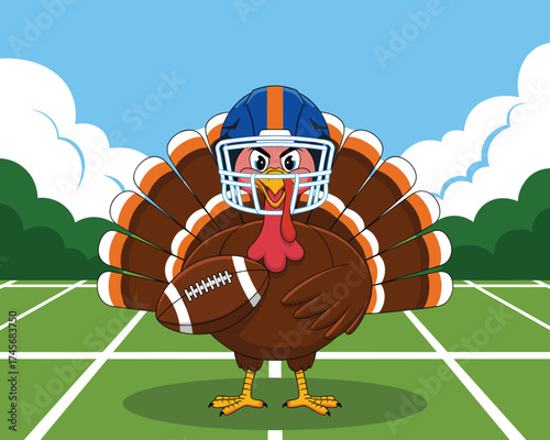 Thanksgiving Football Turkey Mascot Wearing Helmet Playing with Ball