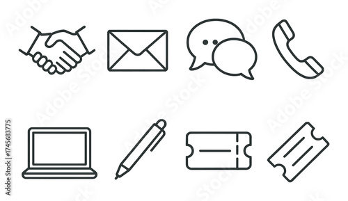 Communication icons set: handshake, email, chat, phone, laptop, pen, ticket