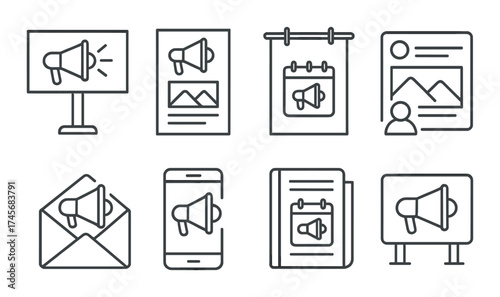 Monochrome marketing icon set featuring communication tools for digital and print media