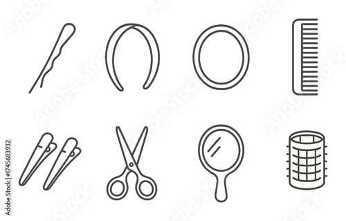 Minimalist icons of hair accessories and tools on gradient background