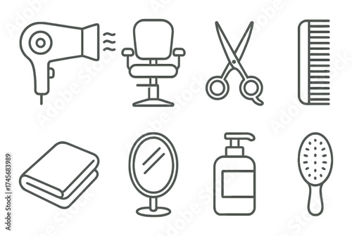 Outline of hair salon tools featuring chair, scissors, and comb on brown background