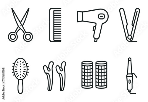 Hair styling tools collection: scissors, comb, dryer, straightener, brush, clips, rollers, curler outline