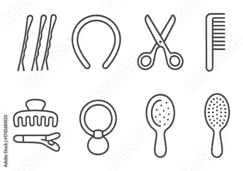 Hair styling tools set featuring comb, scissors, hair clip, and brush icons