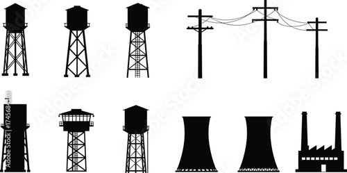 Water towers, utility poles, cooling towers, industrial buildings, smokestacks, control towers, factory silhouettes, energy infrastructure, urban utilities, architectural engineering design