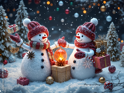 Two snowmen holding hands and a lighted lantern in front of a box of presents