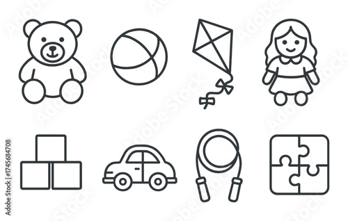 Outline toy collection: bear, ball, kite, doll, blocks, car, jumprope, puzzle