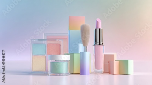 Ultra realistic photo of skincare and makeup products in colorful packaging grouped together on a soft pastel gradient background, clean beauty