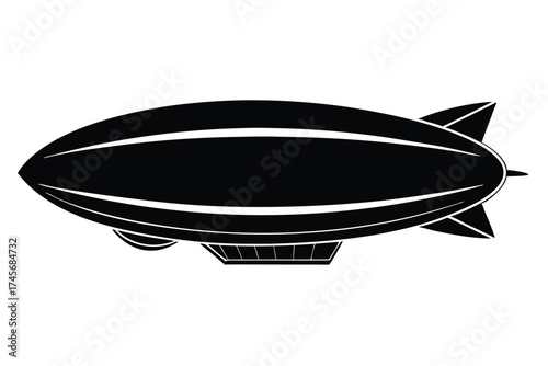 Silhouette Illustration Vintage Airship or Zeppelin with Gondola and Rear Stabilizer Fins Design