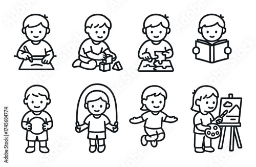 Children engaging in various activities: drawing, building, reading, playing, painting