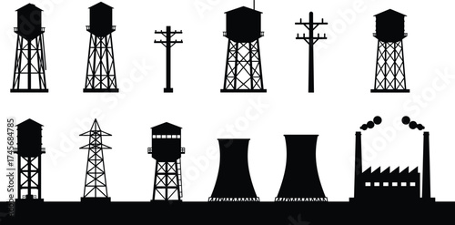 Water towers, utility poles, cooling towers, industrial facto, electrical transmission towers, urban infrastr systearchitectural engineering silhouettes