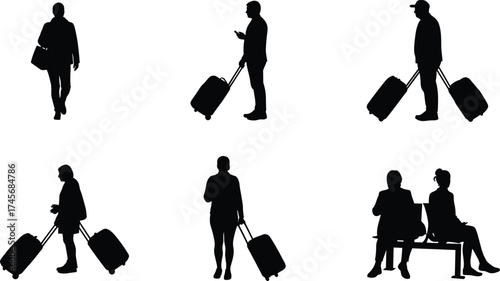 Silhouette travelers with luggage, airport waiting area, people walking with suitcases, modern travel lifestyle, tourism journey, passenger mobility, transportation concept illustration