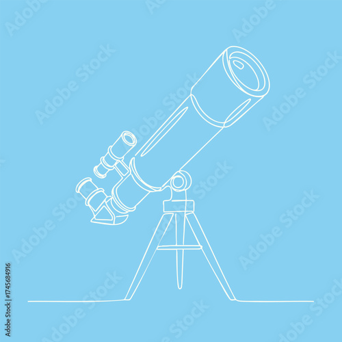 Detailed line drawing of a telescope mounted on a tripod, set against a solid light blue , emphasizing precision and scientific exploration