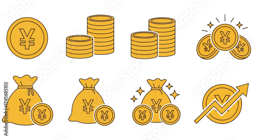 Vector art of yen coin and money bag icon set japanese currency symbol vector illustration