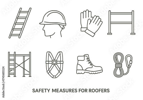 Essential safety gear for roofers: harness, helmet, boots, gloves, ladder, scaffolding, rope
