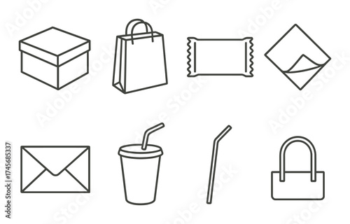 Minimalist icon set: box, bag, napkin, envelope, cup, straw, tote
