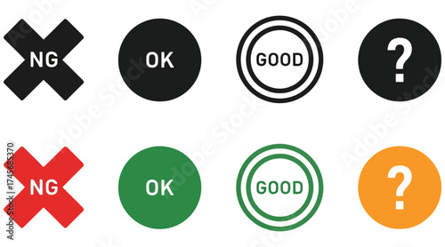 Vector art of set of colorful icons representing feedback options, including ok, good, ng, and question mark