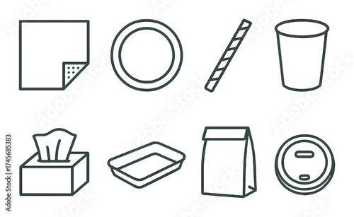 Eco-friendly packaging icons: napkin, plate, straw, cup, tissue box, tray, bag, lid