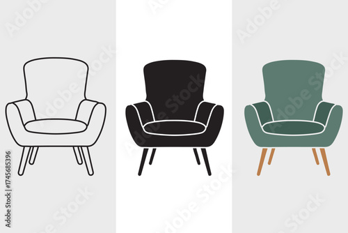 Modern armchair design in outline silhouette and realistic green styles for furniture concepts silhouette