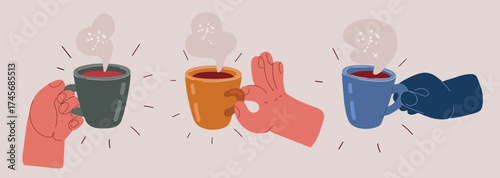 Cartoon vector illustration collection of people’s hands holding mugs of coffee or tea as a metaphor for warmth, connection, and shared moments