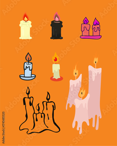 Halloween Candle Set Vector – Burning Wax Candles with Flames on Orange Background, Spooky Decorative Illustration