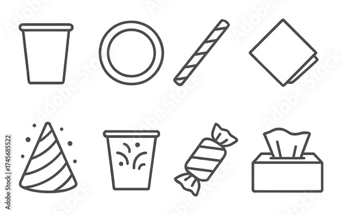 Outline icons of party items: cups, plates, napkins, candy, and decorations