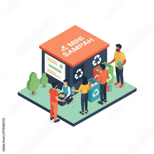 Isometric Illustration of Community Recycling Center with People and Bins, Promoting Sustainability