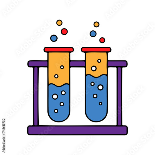 Two colorful cartoon test tubes bubbling with liquid and gas in a purple rack against a black background