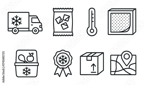 Icons of cold chain logistics: truck, package, thermometer, food, and location