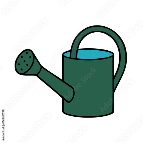 A simple green watering can with a blue interior and a shower head for garden watering tasks