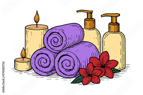 Relaxing spa scene with rolled towels candles lotion bottles and red flowers on a black background
