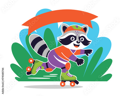 Happy Raccoon Roller Skating with Ribbon Banner and Foliage Background
