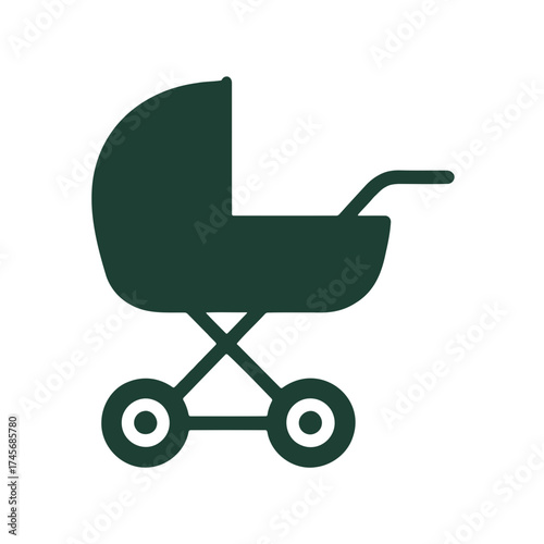 Simple dark green silhouette of a classic baby carriage with four wheels and a handle on a black background