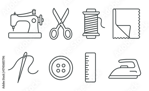 Sewing icons: machine, scissors, thread, fabric, needle, button, ruler, iron