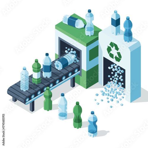 Plastic Recycling Process Isometric Illustration Bottles on Conveyor Belt to Recycling Machine