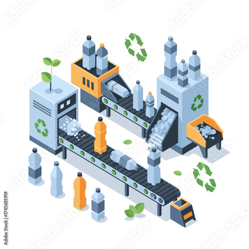 Sustainable plastic recycling process in an automated factory. Isometric vector illustration showing waste bottles being transformed on a production line