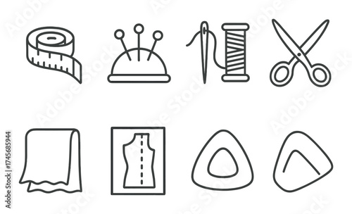 Sewing tools icons: tape, pins, needle, thread, scissors, fabric, pattern, chalk