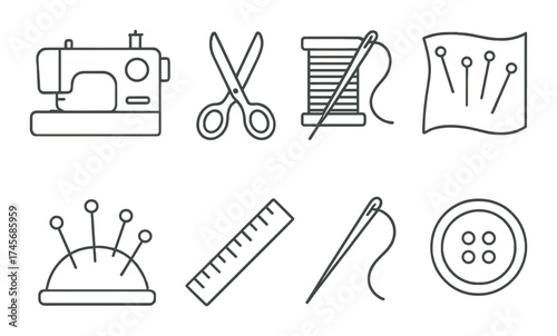 Sewing icons: machine, scissors, needle, thread, pins, ruler, button design elements