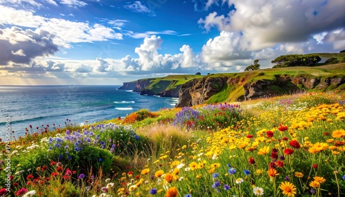 Cornwall Coastline in Bloom: A Vibrant Landscape of Cliffs and Flowers.
