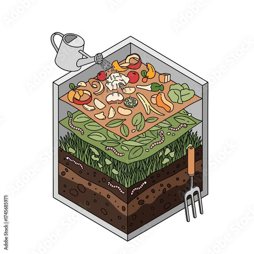 A detailed isometric illustration of a compost bin showcasing layers of organic matter, soil, and greenery being watered from above