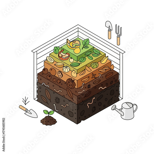 Isometric line illustration detailing the process of organic composting, showcasing layered breakdown of food scraps and garden waste into nutrient-rich soil for sustainable gardening