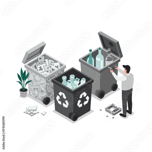 Illustration of a man sorting recyclable materials into designated bins for paper, glass, and plastic, promoting eco-friendly waste management and environmental awareness