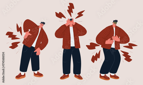 Cartoon vector illustration of a man in three scenes experiencing back, head, and stomach pain as a metaphor for stress, health challenges, and human vulnerability