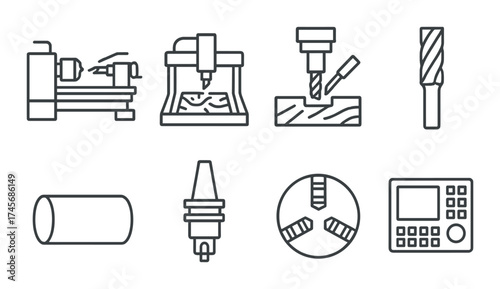 Cnc machine tools and components: lathe, router, milling, drill, bit, cylinder, chuck, controller