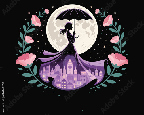 Enchanting Night Woman Under Umbrella with Cityscape and Flowers Silhouette