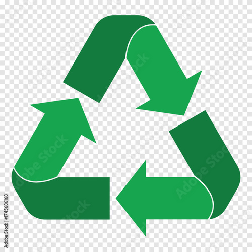 Recycle icon with three rotating arrows. Green recycle symbol isolated on transparent background. Recycle icon for sustainability, waste management, environmental protection. Vector illustration.