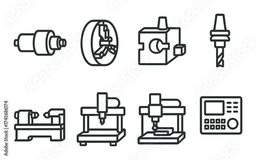 Cnc machinery icons on textured background: lathe, milling, drill, control panel